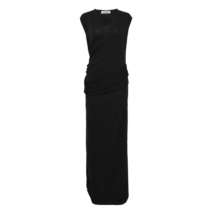 Sleeveless Draped Dress With Pin Brooch