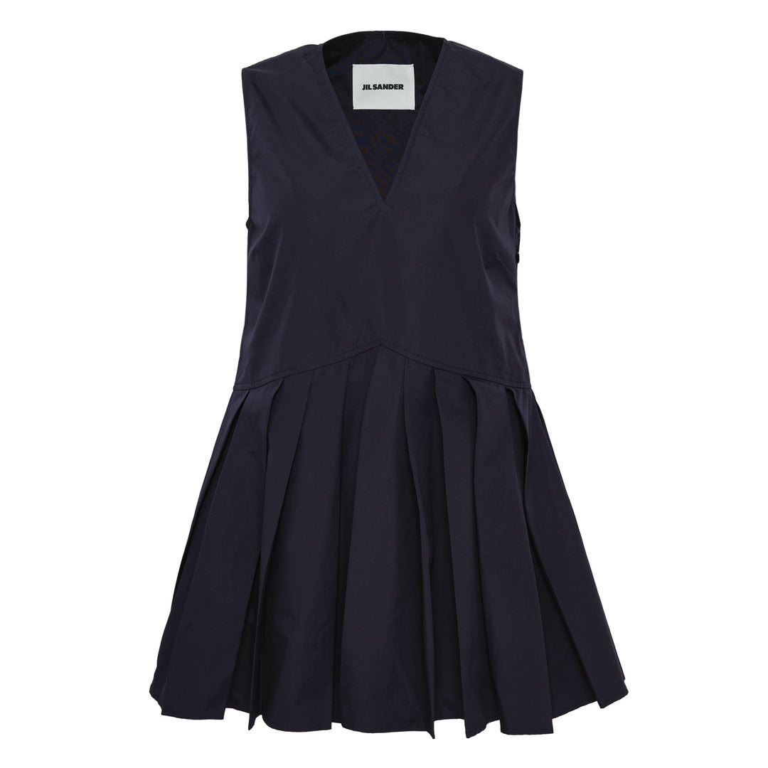 Jil Sander navy organic cotton poplin sleeveless mini dress with V-neckline and pleated dropped-waist skirt