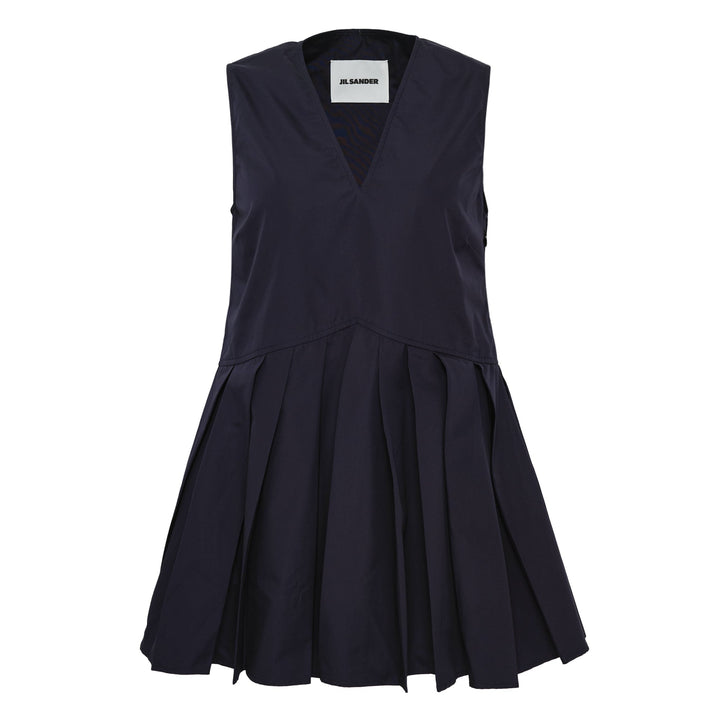 Jil Sander navy organic cotton poplin sleeveless mini dress with V-neckline and pleated dropped-waist skirt