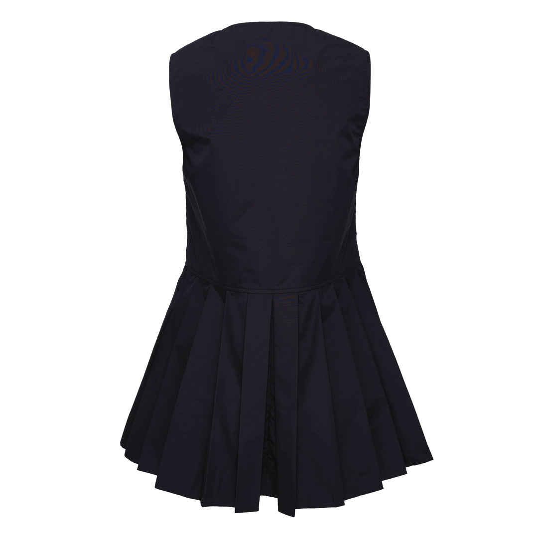 Jil Sander navy organic cotton poplin sleeveless mini dress with V-neckline and pleated dropped-waist skirt
