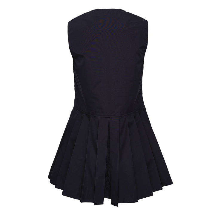 Jil Sander navy organic cotton poplin sleeveless mini dress with V-neckline and pleated dropped-waist skirt