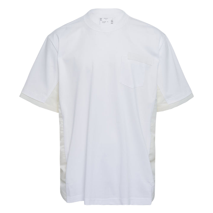 sacai Nylon Twill x Cotton Jersey T-Shirt in white with chest pocket and contrast nylon twill side panels, oversized relaxed fit