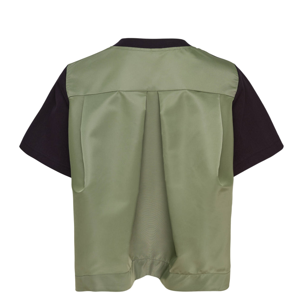 sacai Nylon Twill x Cotton Jersey T-Shirt in black, flat lay front view showing crew neckline and nylon shoulder panels