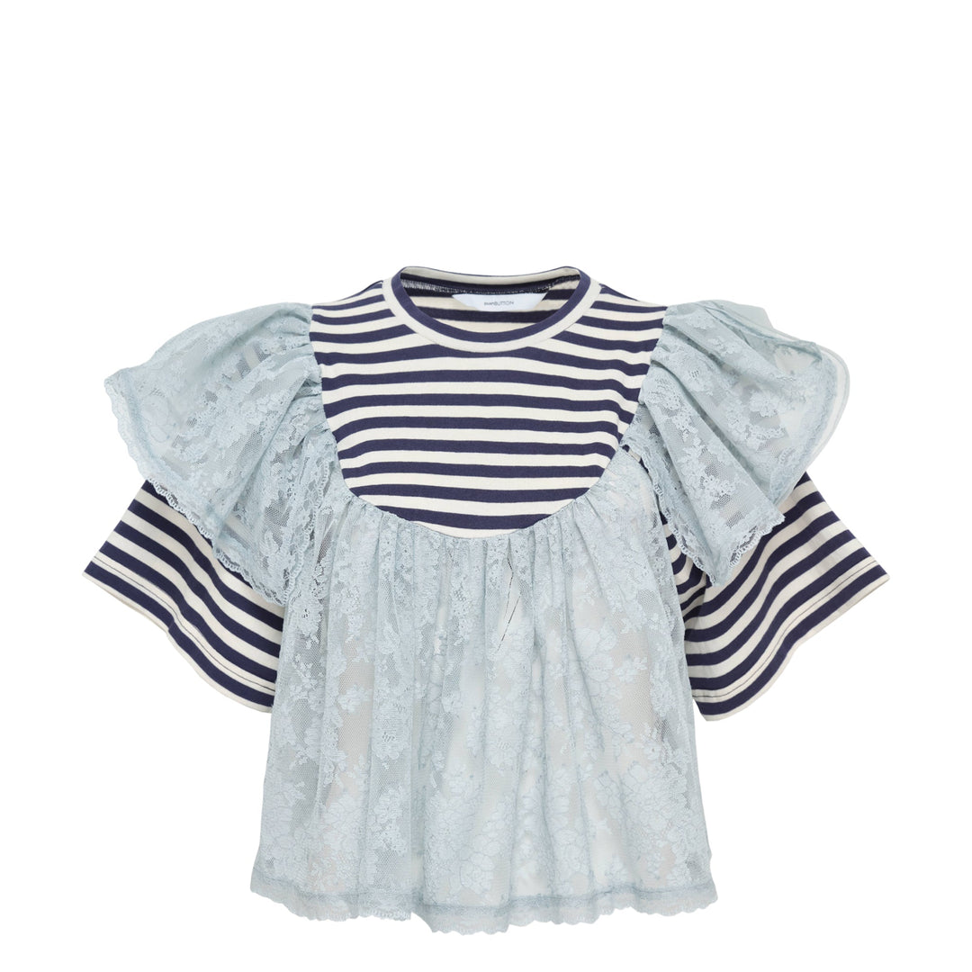 Blue Cropped Lace Layered Striped Blouse