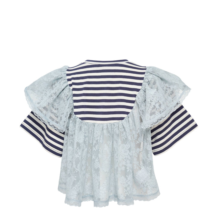 Blue Cropped Lace Layered Striped Blouse
