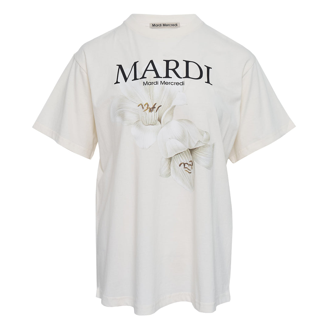 Mardi Mercredi Lilies Graphic T-Shirt in off-white cream with botanical lily illustration and logo print on the front