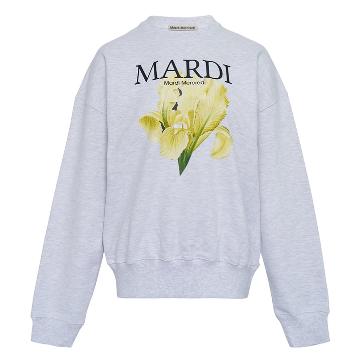 Mardi Mercredi light grey marl crew neck sweatshirt with large yellow iris floral graphic print and Mardi Mercredi logo on chest