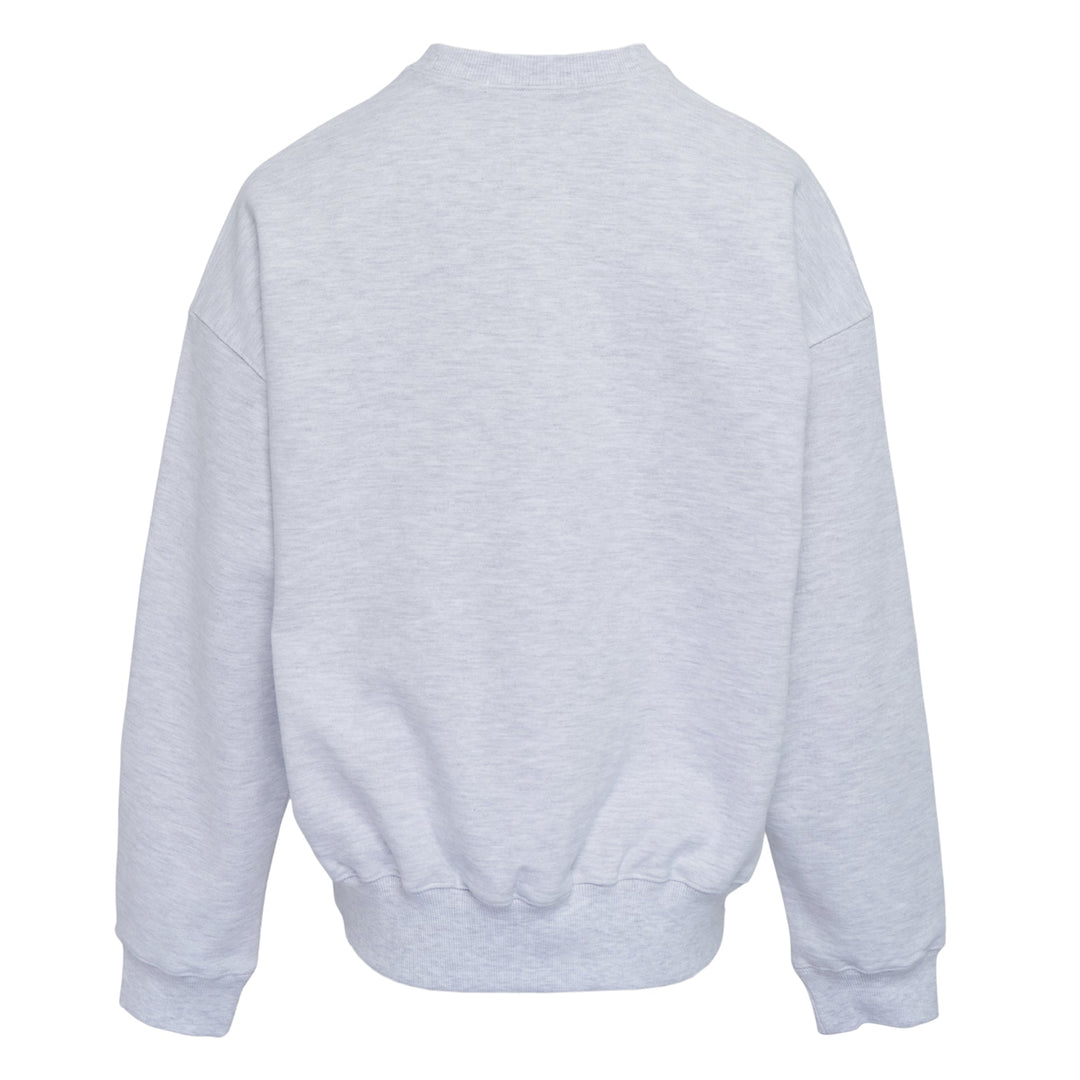 Mardi Mercredi light grey marl crew neck sweatshirt with large yellow iris floral graphic print and Mardi Mercredi logo on chest