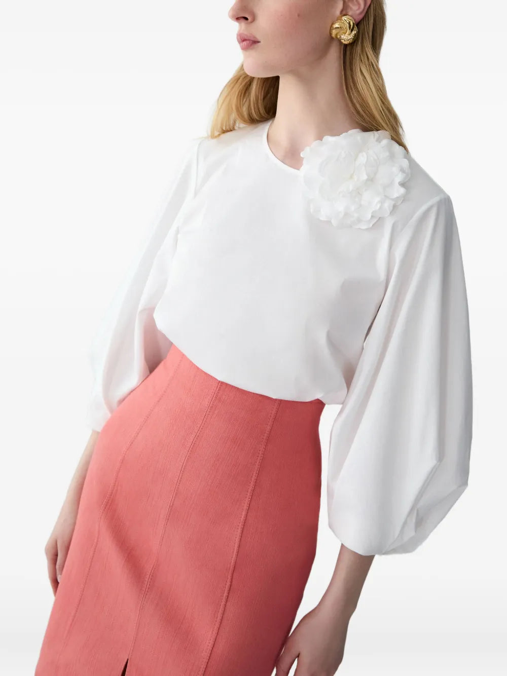 Puff Sleeve Crewneck Top With Flower