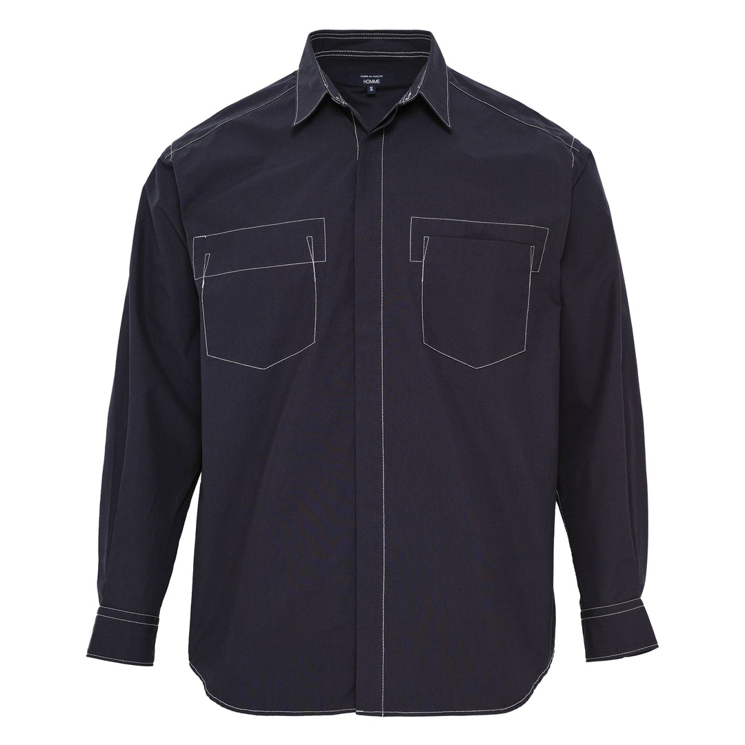 Contrast-Stitching Long Sleeve Button-Up Shirt