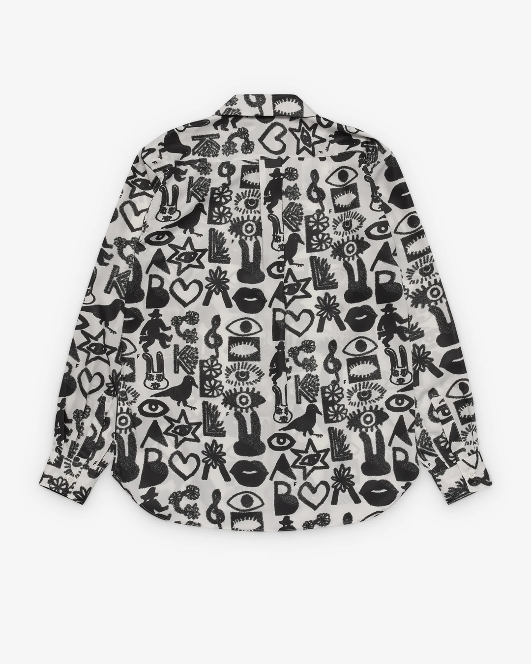 Comme des Garçons BLACK Filip Pagowski all-over print long sleeve shirt in black and white with graphic motifs of eyes, lips, stars, and birds laid flat on white background