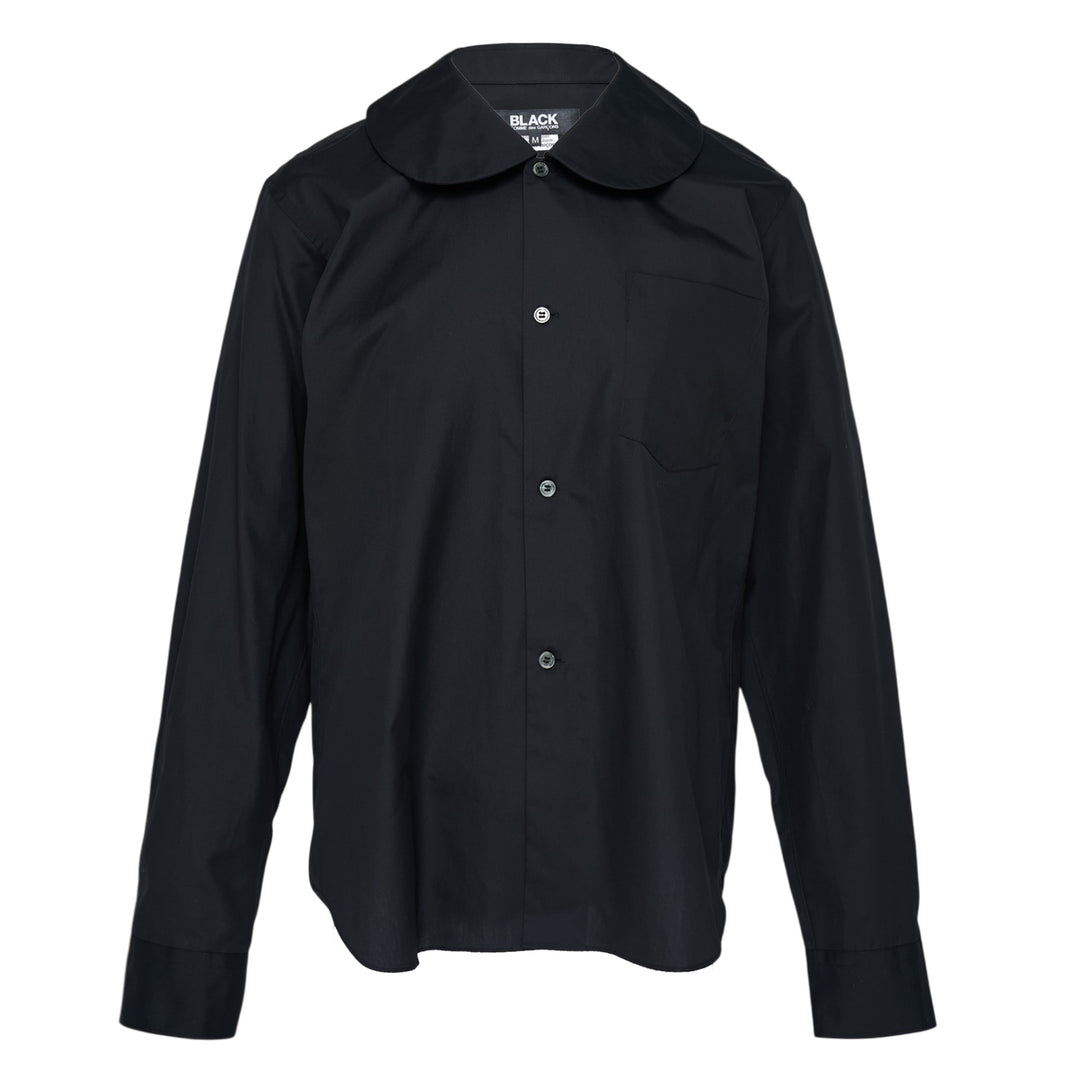 Comme des Garçons BLACK white long sleeve shirt with rounded Peter Pan collar and chest pocket, front view on white background