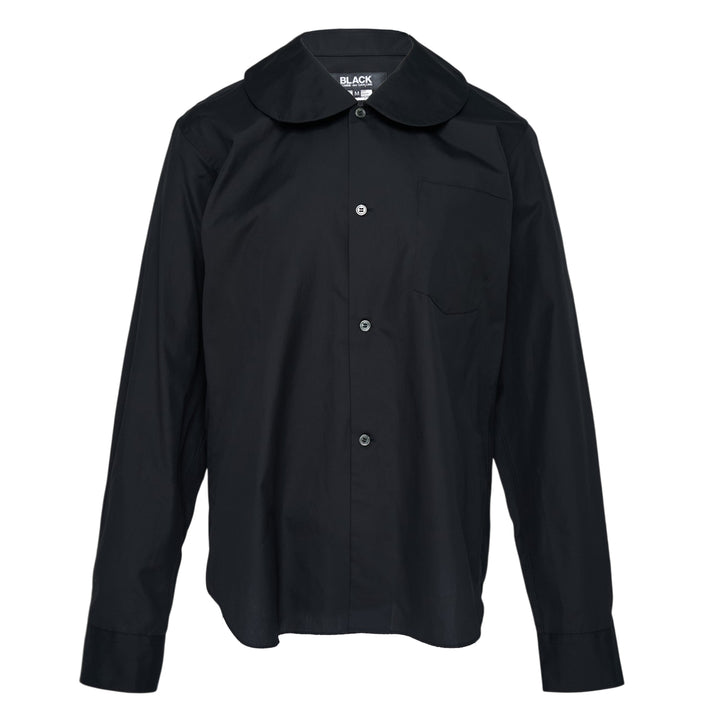 Comme des Garçons BLACK white long sleeve shirt with rounded Peter Pan collar and chest pocket, front view on white background