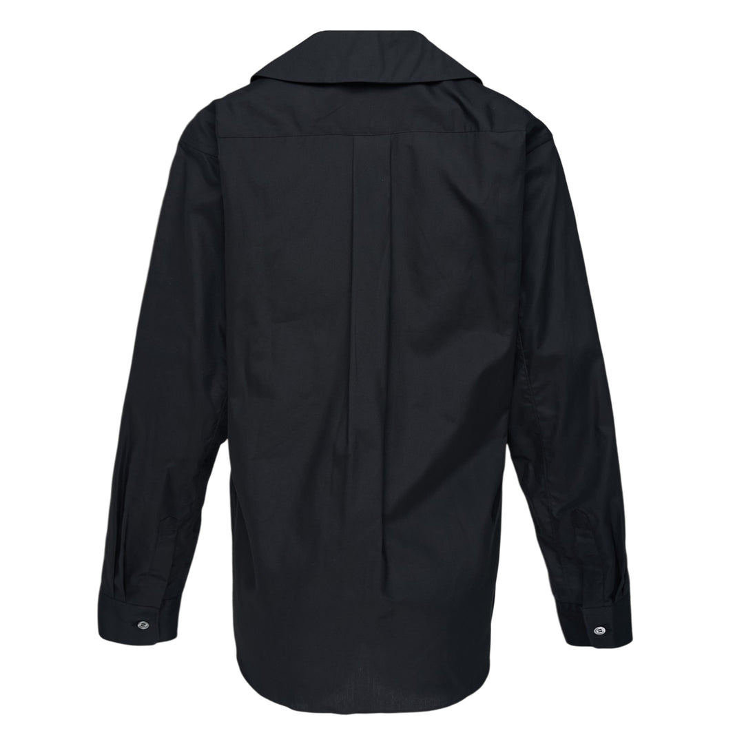Comme des Garçons BLACK white long sleeve shirt with rounded Peter Pan collar and chest pocket, front view on white background