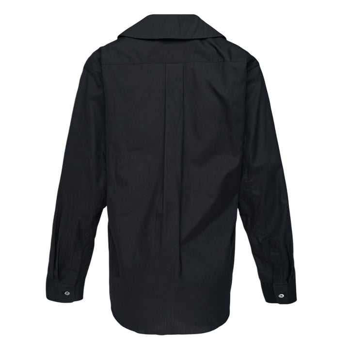 Comme des Garçons BLACK white long sleeve shirt with rounded Peter Pan collar and chest pocket, front view on white background