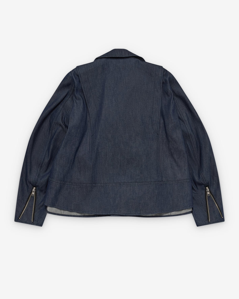 Comme des Garçons BLACK raw indigo denim moto biker jacket with asymmetric zip, silver hardware, waist belt and multiple pockets, laid flat on white background