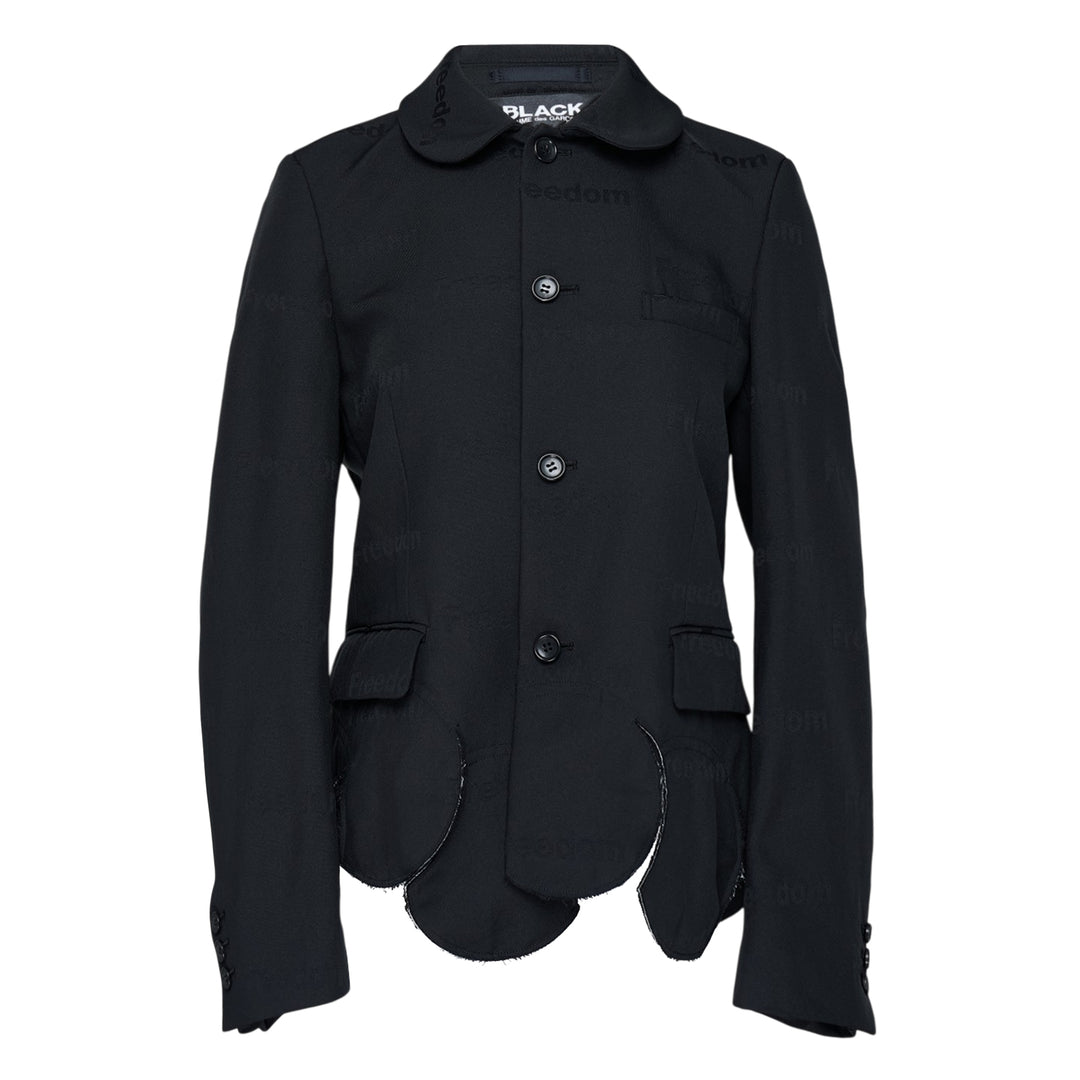 Comme des Garçons BLACK Freedom Jacket in black with Peter Pan collar, tonal button front, flap pockets, and scalloped raw-edge hem