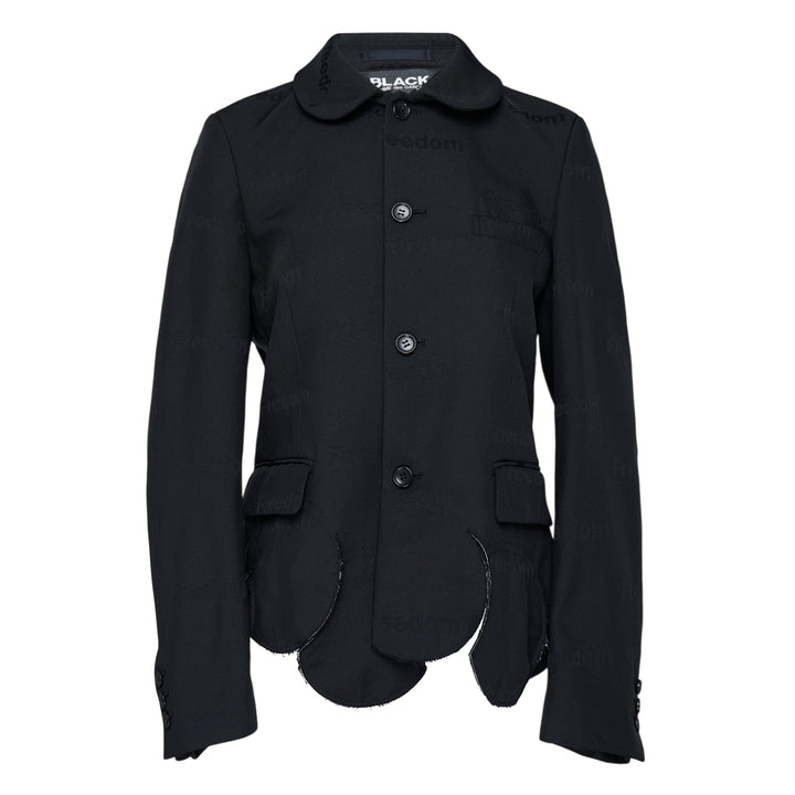 Comme des Garçons BLACK Freedom Jacket in black with Peter Pan collar, tonal button front, flap pockets, and scalloped raw-edge hem