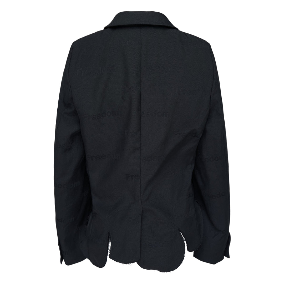 Comme des Garçons BLACK Freedom Jacket in black with Peter Pan collar, tonal button front, flap pockets, and scalloped raw-edge hem