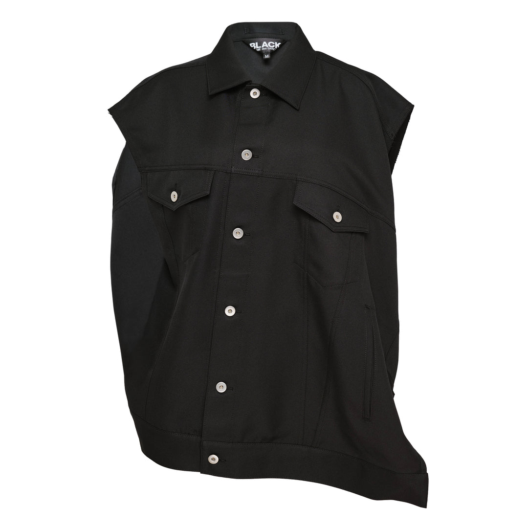 Comme des Garçons BLACK sleeveless off-center jacket in black with asymmetric hem, button front, and dual chest flap pockets