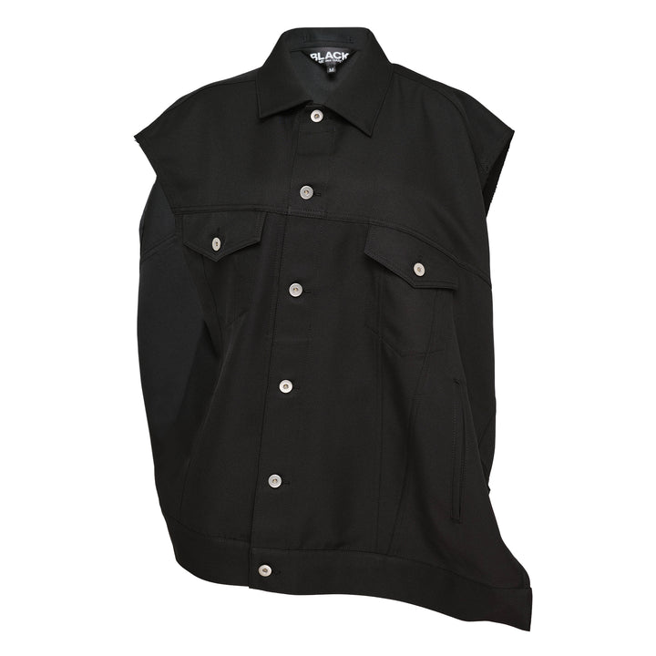 Comme des Garçons BLACK sleeveless off-center jacket in black with asymmetric hem, button front, and dual chest flap pockets