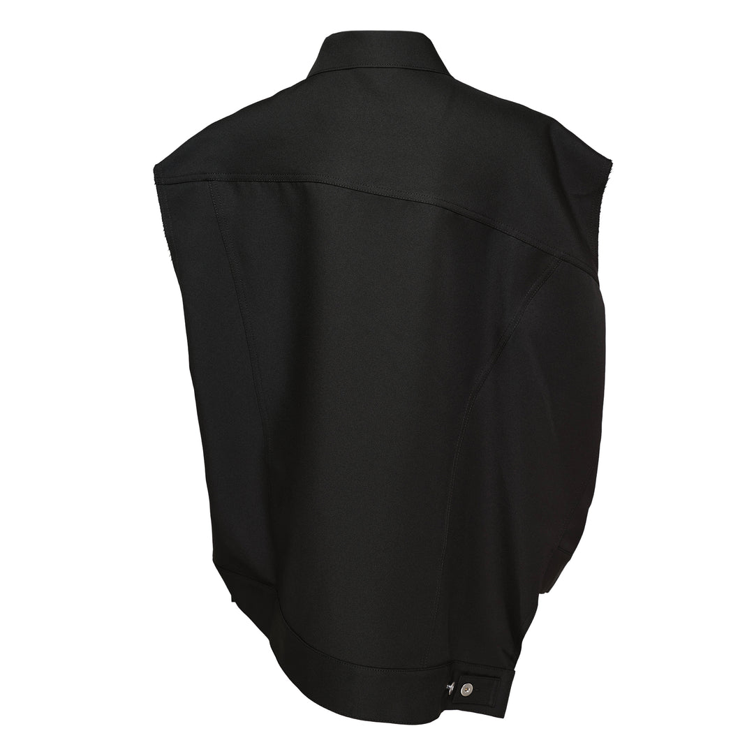 Comme des Garçons BLACK sleeveless off-center jacket in black with asymmetric hem, button front, and dual chest flap pockets