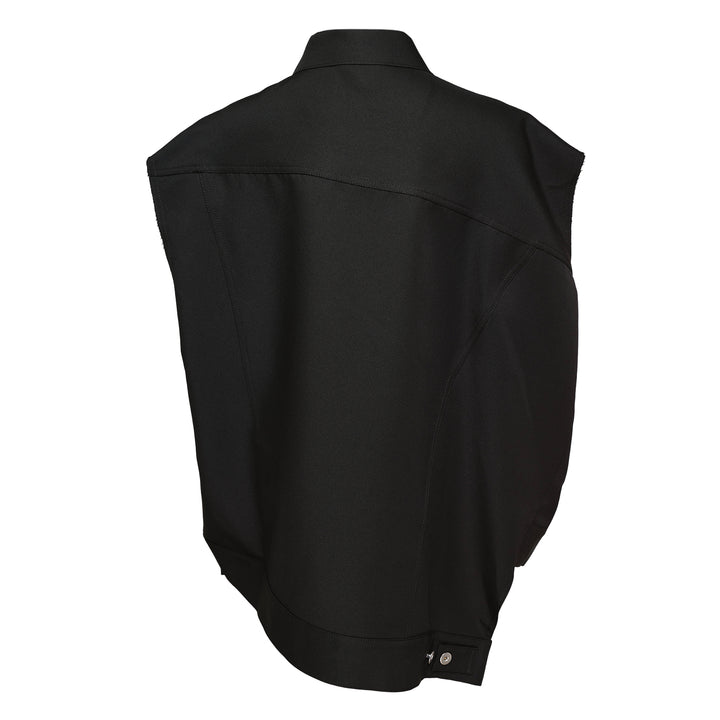 Comme des Garçons BLACK sleeveless off-center jacket in black with asymmetric hem, button front, and dual chest flap pockets