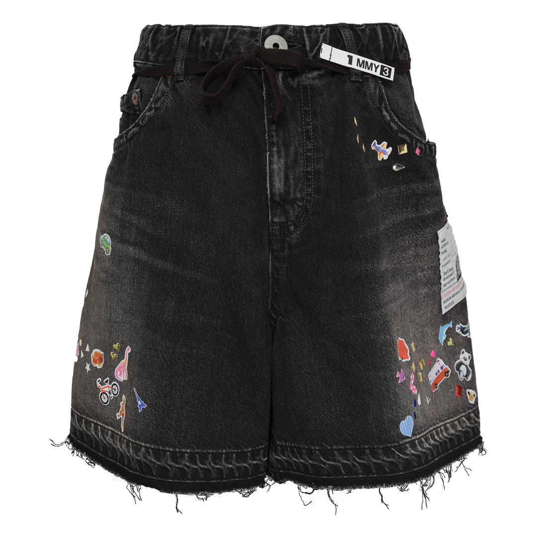 Denim Gather Shorts With Kids Stickers