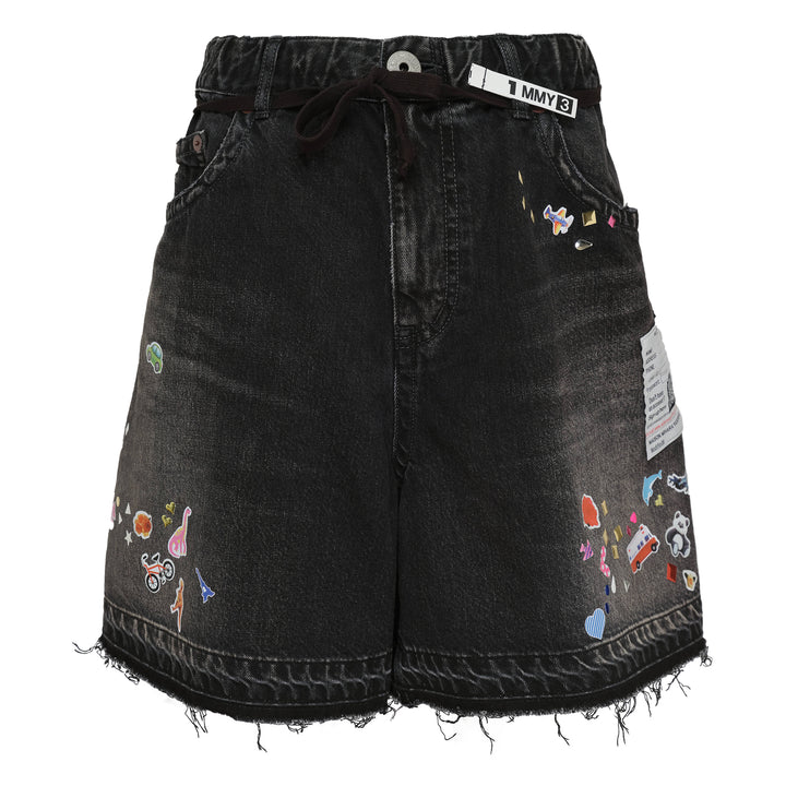 Denim Gather Shorts With Kids Stickers