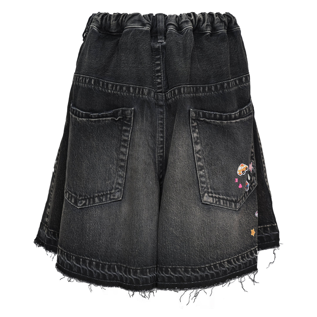 Denim Gather Shorts With Kids Stickers