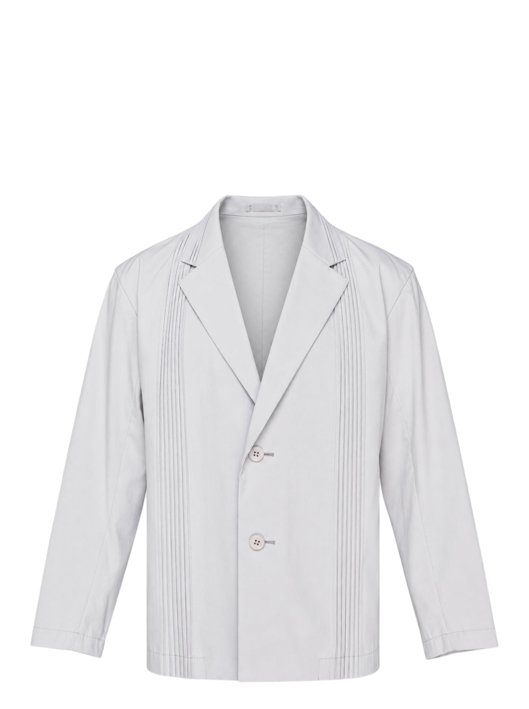 Pale grey IM Men Air Pleats jacket with notched lapels, vertical pleated panels and a two-button front, shown on a white background
