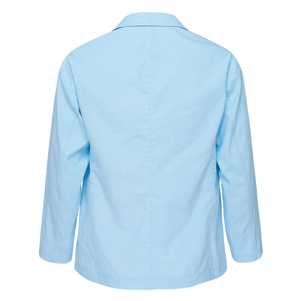 IM MEN Air Wash Jacket in sky blue, featuring a notch lapel, two tonal buttons, and long sleeves, displayed flat on a white background