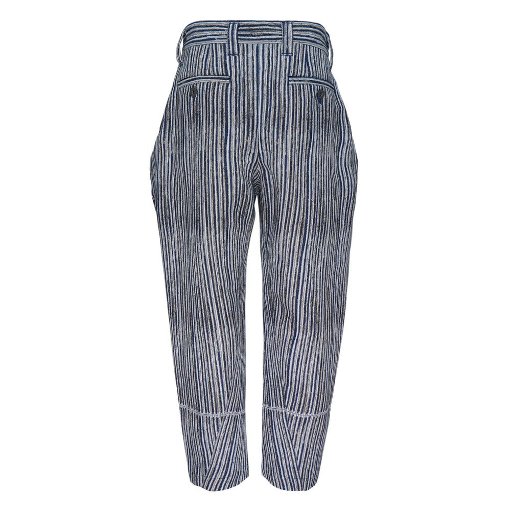 IM MEN CURVINESS Woven Pants in navy and off-white vertical stripe, featuring a high-rise waistband, deep front pleats, tapered cropped leg with curved hem seam, shown flat on white background