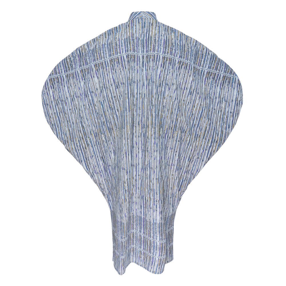 IM MEN Curviness Short Sleeve Shirt in blue multi-stripe print with dramatically exaggerated circular balloon sleeves and contrast topstitching, styled flat on white background