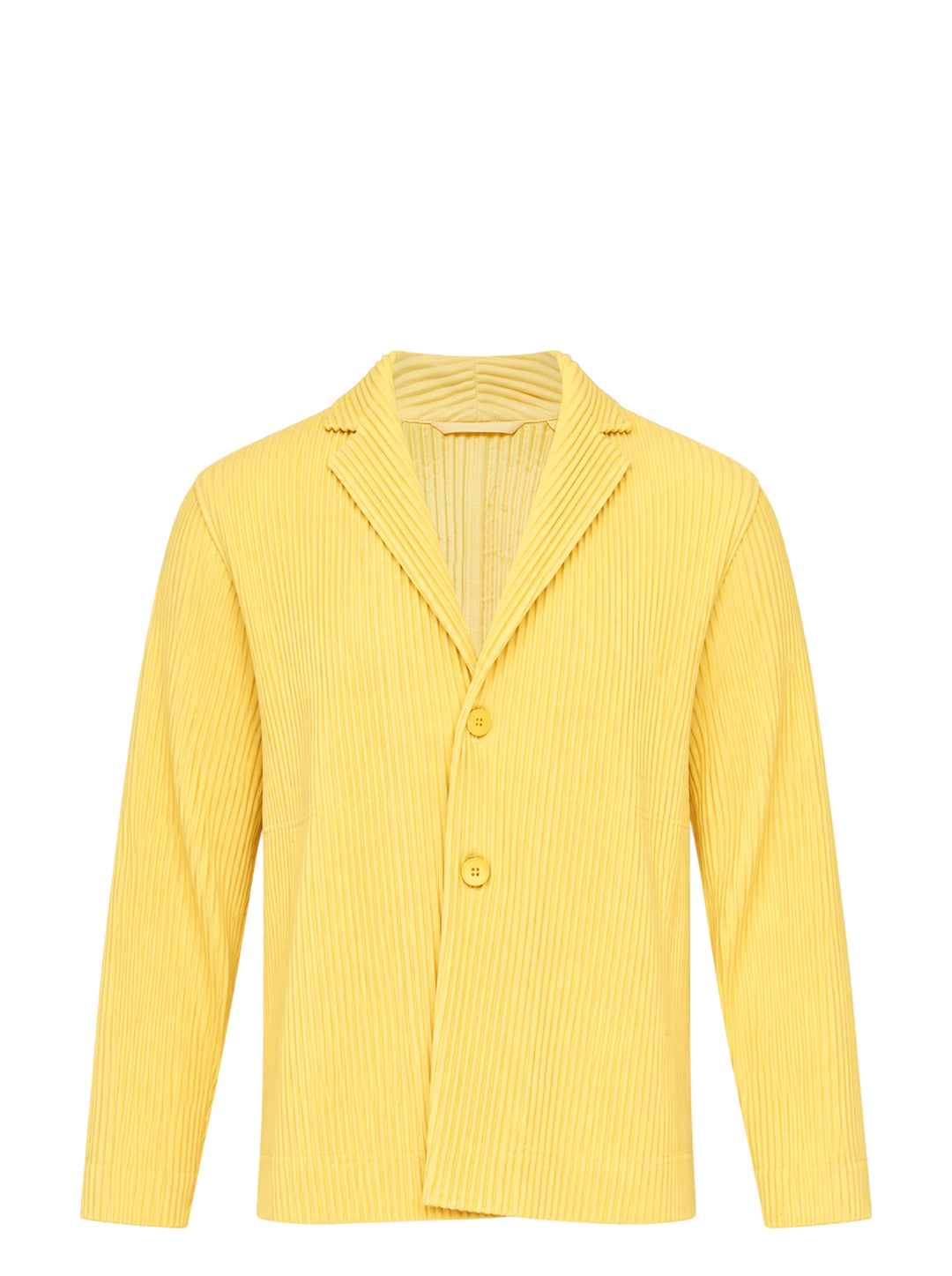 Homme Plissé Issey Miyake Tailored Pleats 2 yellow pleated jacket with notched lapels and two-button front, shown front view