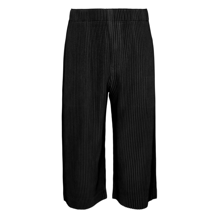 Homme Plissé Issey Miyake Monthly Colors May black accordion pleated wide-leg cropped pants with elastic waistband, front view on white background