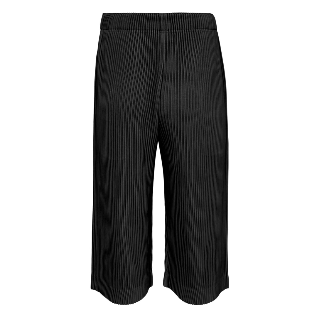 Homme Plissé Issey Miyake Monthly Colors May black accordion pleated wide-leg cropped pants with elastic waistband, front view on white background