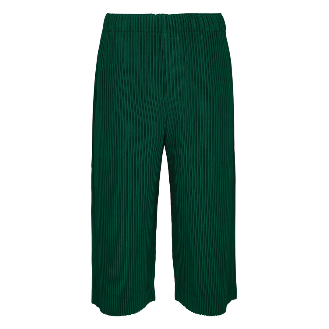 Homme Plissé Issey Miyake Monthly Colors May black accordion pleated wide-leg cropped pants with elastic waistband, front view on white background