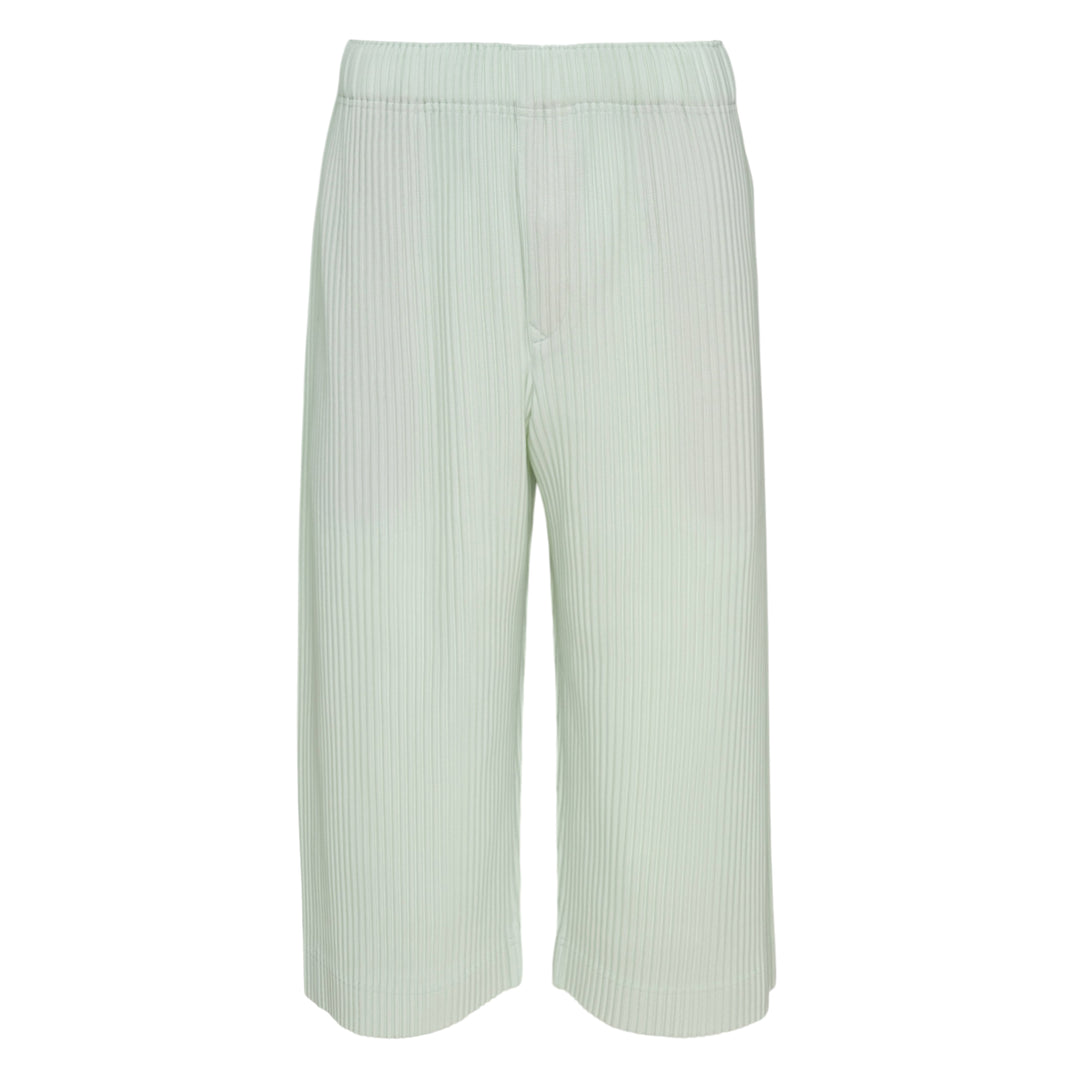 Homme Plissé Issey Miyake Monthly Colors May black accordion pleated wide-leg cropped pants with elastic waistband, front view on white background