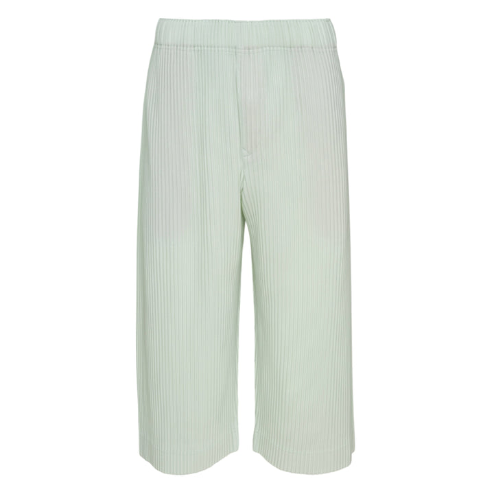 Homme Plissé Issey Miyake Monthly Colors May black accordion pleated wide-leg cropped pants with elastic waistband, front view on white background