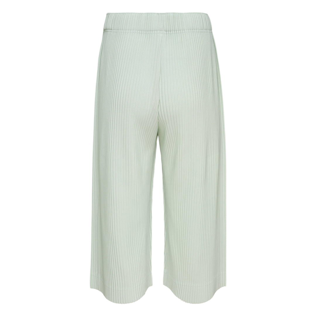 Homme Plissé Issey Miyake Monthly Colors May black accordion pleated wide-leg cropped pants with elastic waistband, front view on white background