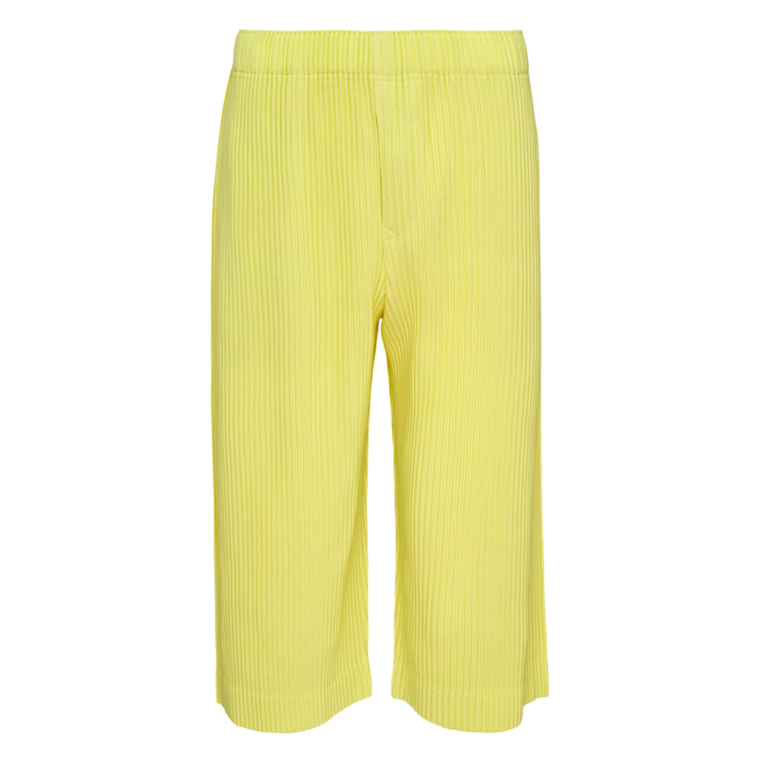 Homme Plissé Issey Miyake Monthly Colors May black accordion pleated wide-leg cropped pants with elastic waistband, front view on white background