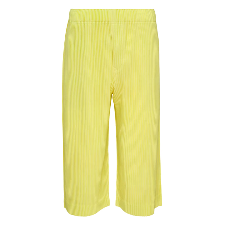 Homme Plissé Issey Miyake Monthly Colors May black accordion pleated wide-leg cropped pants with elastic waistband, front view on white background