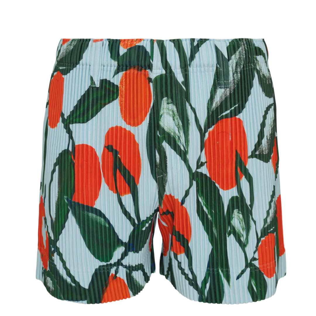 Homme Plissé Issey Miyake Fruits & Vegetables Pleated Shorts in light blue with orange citrus and green leaf all-over print, back view