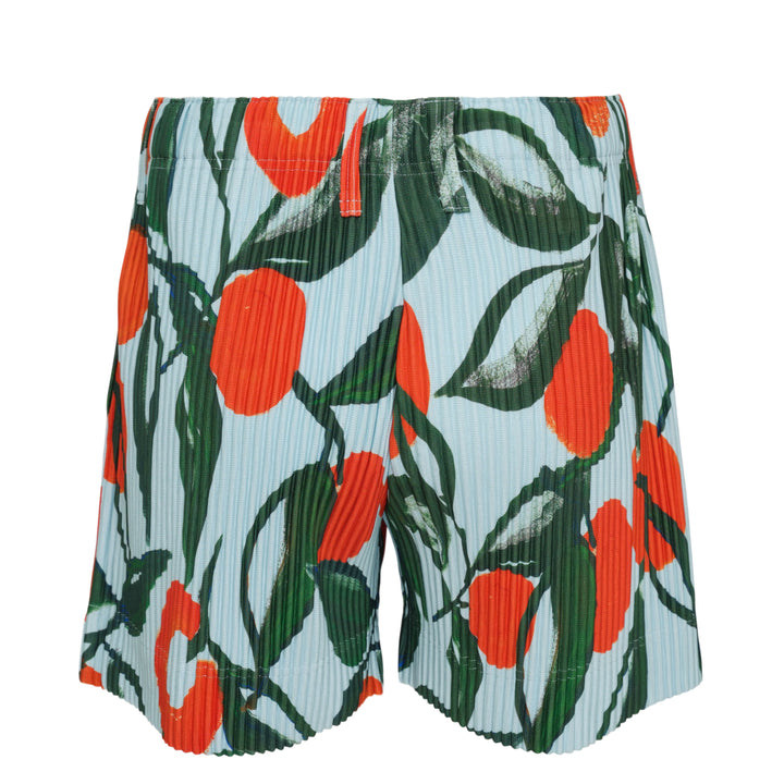 Homme Plissé Issey Miyake Fruits & Vegetables Pleated Shorts in light blue with orange citrus and green leaf all-over print, back view