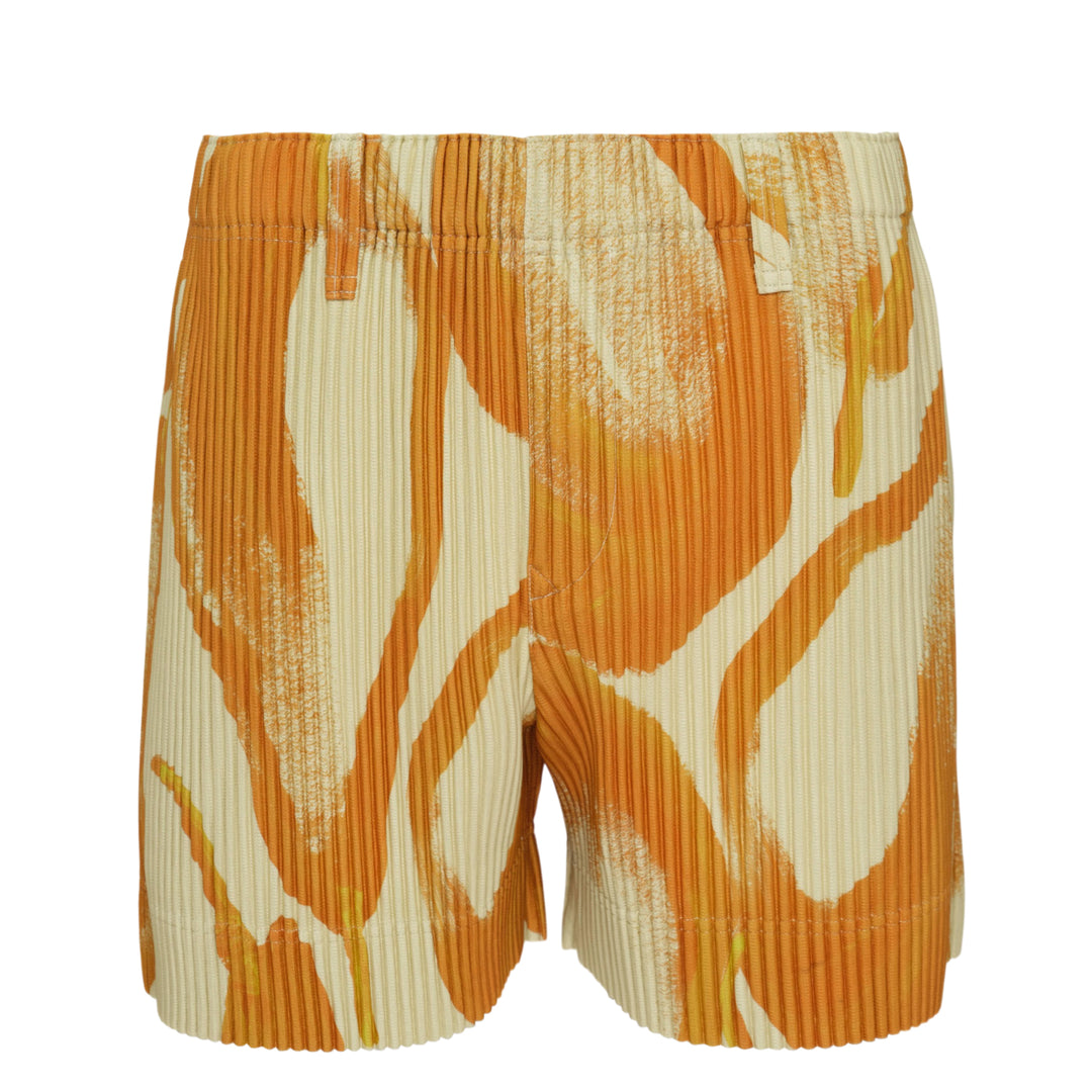 Homme Plissé Issey Miyake Fruits & Vegetables Pleated Shorts in light blue with orange citrus and green leaf all-over print, back view