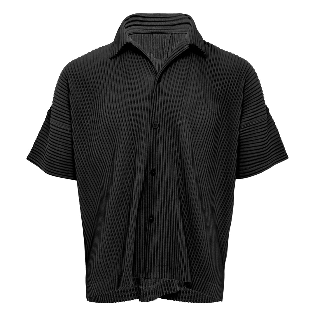 Homme Plissé Issey Miyake Monthly Colors May black pleated short-sleeve button-front shirt with spread collar and signature micro-pleated texture