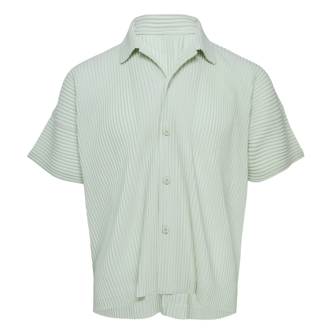 Homme Plissé Issey Miyake Monthly Colors May black pleated short-sleeve button-front shirt with spread collar and signature micro-pleated texture