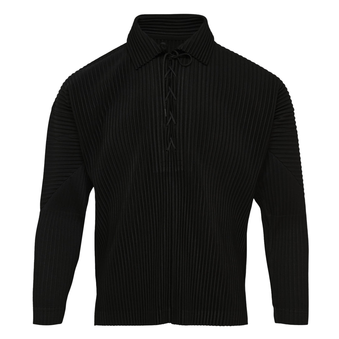 Homme Plissé Issey Miyake Monthly Colors May Pleated Top in lime green with all-over horizontal pleating and lace-up spread collar