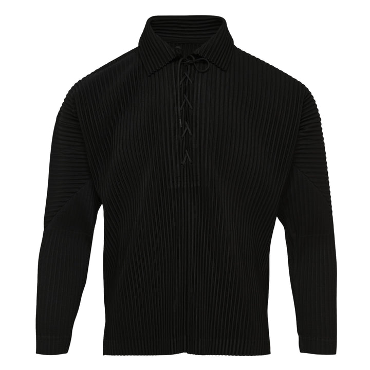 Homme Plissé Issey Miyake Monthly Colors May Pleated Top in lime green with all-over horizontal pleating and lace-up spread collar